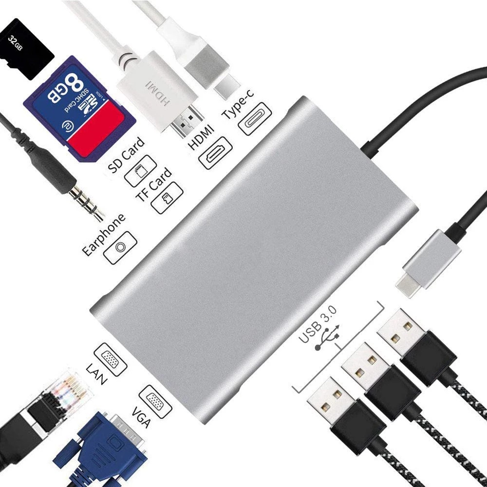 [Ready stock] 10 in 1 Adapter Usb Hub Tipe-C Ke Hdmi 4k Vga Rj45 Lan Ethernet Sd Tf Jack Audio Video Untuk Pro Otg