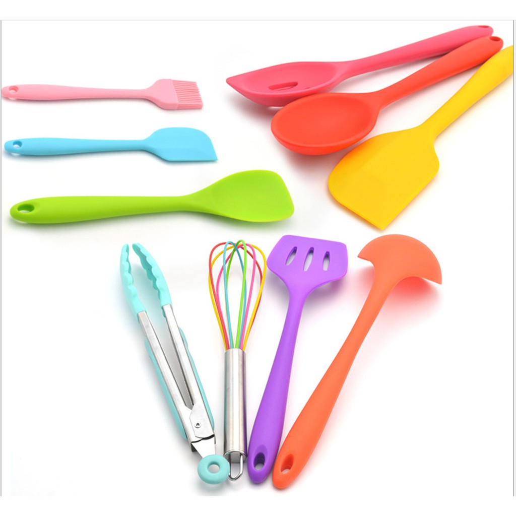 Sillicone Utensil Set 10 Pcs / Peralatan Masak Sutil Spatula Silikon Dapur Warna Warni