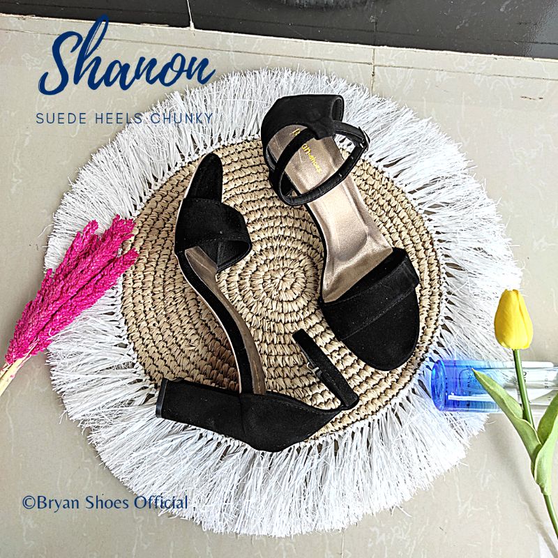 Bryan Shanon Suede Chunky Heels Tahu 5cm 9cm Beludru Oversize Bigsize Jumbo 36-40 41 42 43 Nyaman-Black 9cm