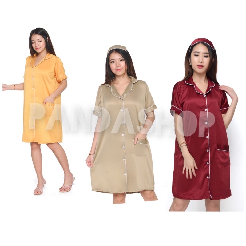 Piyama daster satin wanita full kancing ld 108