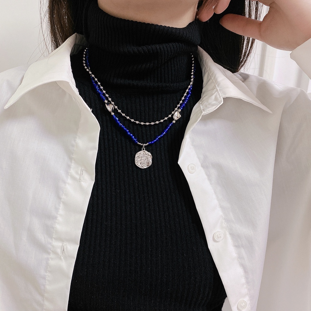 Klein Biru beaded kalung pria dan wanita double layer twin tidak teratur ornamen fashion