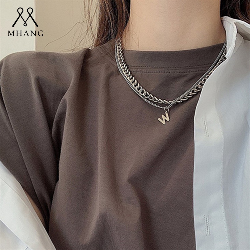 Kalung Rantai Double Layer Bentuk Huruf W Bahan Metal Tebal Gaya Punk Untuk Wanita