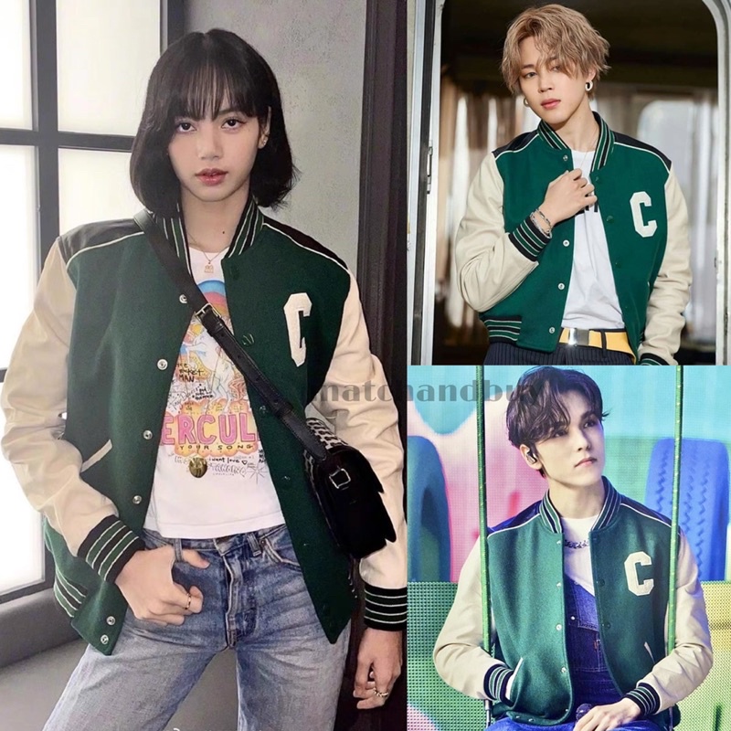 [ready stock] lisa baseball jacket | atasan jaket gaya korea warna pink green hijau list bahan lengan kulit leather