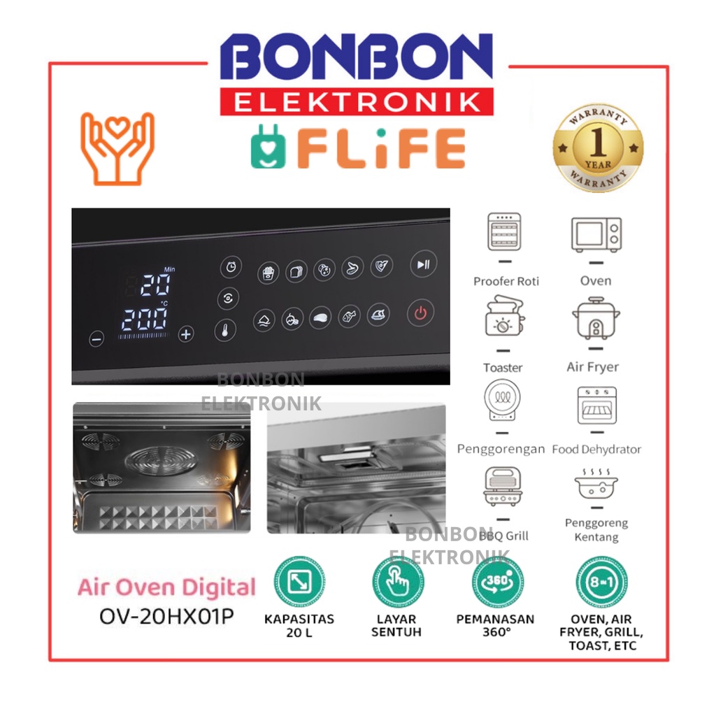 FLIFE Digital Air Oven OV-20HX01P 20 Liter - Smart control 8 in 1