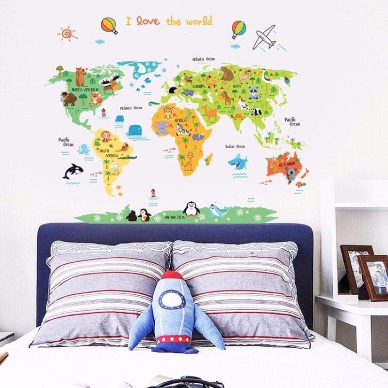 STIKER DINDING DEKORASI KAMAR INTERIOR RUANGAN BELAJAR BERMAIN ANAK BAYI PETA DUNIA I LOVE THE WORLD