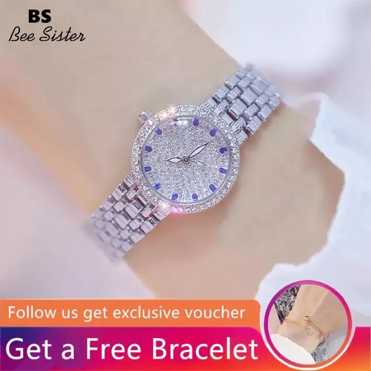 [Mendapatkan Gratis Gelang] BS Bee Sister Merek Mode Wanita Jam Tangan Kasual Stainless Tali Baja Pa