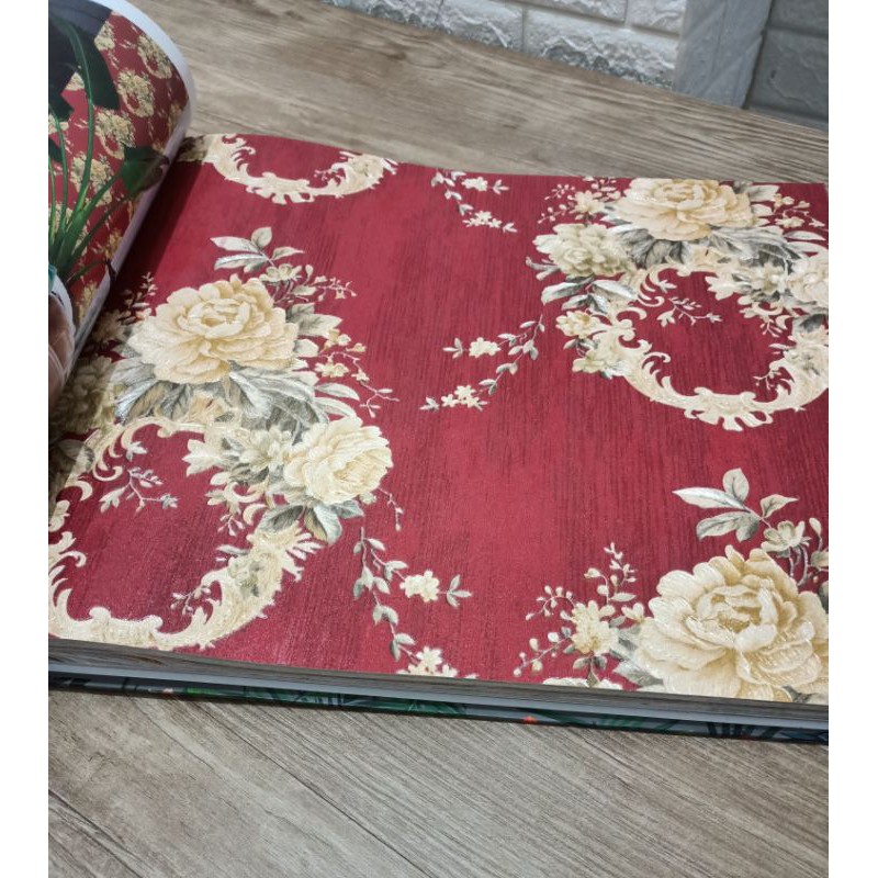 wallpaper dinding shabby bunga mawar pink gold