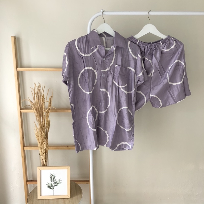 hirafa - One Set Setelan Atas Bawah Full Kancing / Baju Santai Tie Dye / Baju Wanita Pria-Big Ring - Lavender