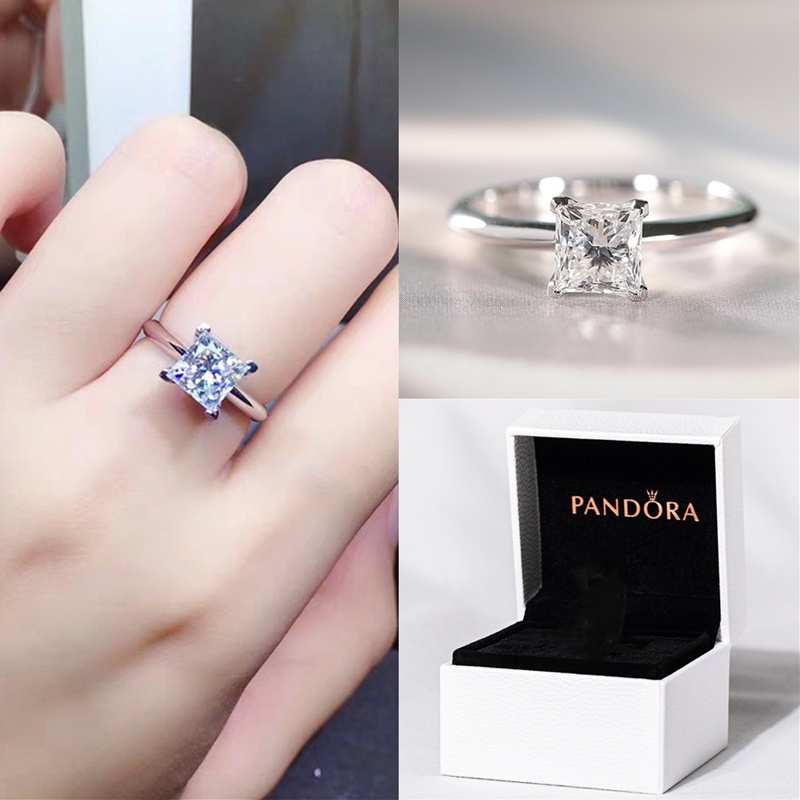 Pandora Cincin S925 Silver Zircon AAA Bentuk Persegi Dengan Kotak Untuk Wanita