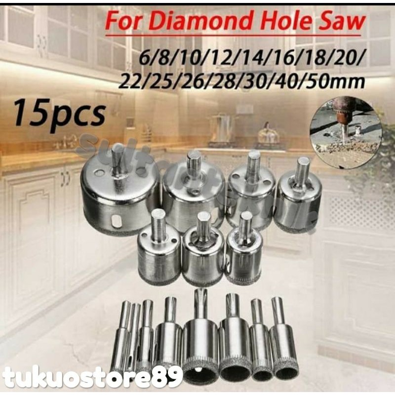 mata bor diamond / hole saw diamond / mata bor kaca / mata bor keramik set 15pcs mata bor 6mm - 50mm