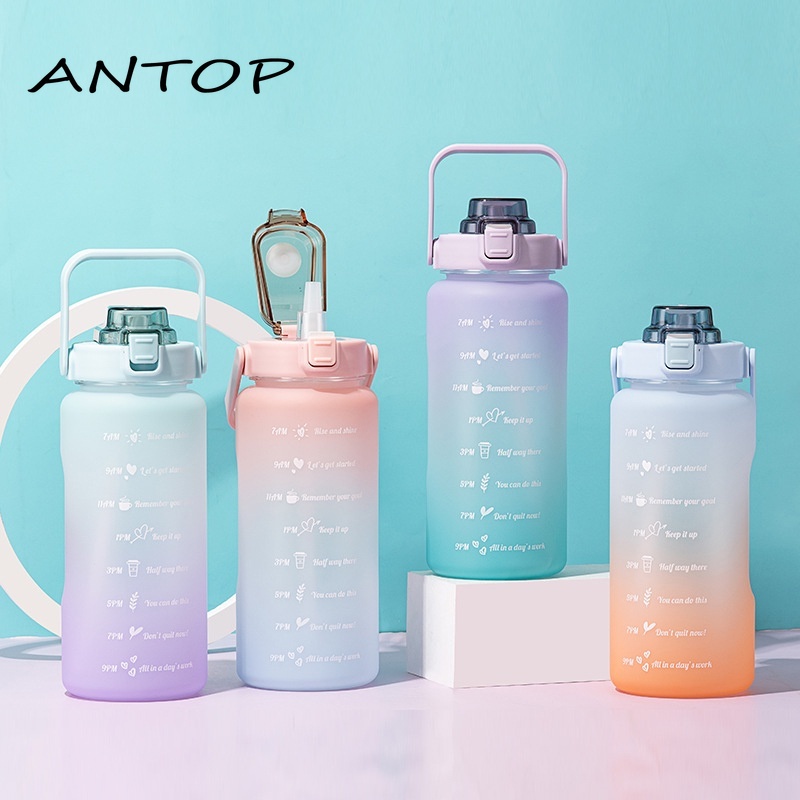 Botol Air Minum Kapasitas Besar 2l Gradien Warna Dengan Skala Pengingat Waktu Untuk Jerami Cangkir Air Olahraga Besar Portabel Fitness Outdoor