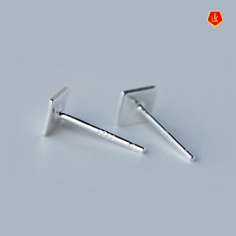 [Ready Stock]Silver Simple Brushed Square Ear Studs Women's