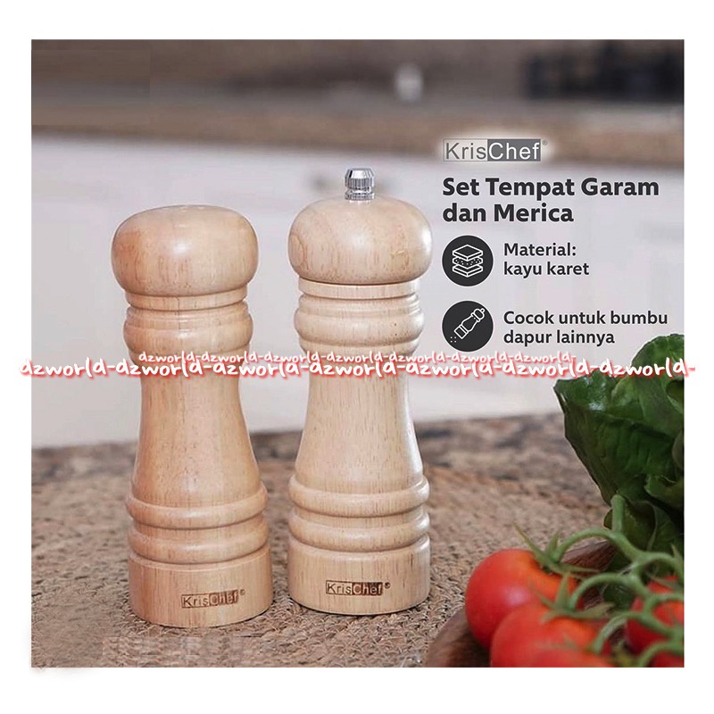 Krischef Wodden Pepper Mill Set 2pcs Tempat Bumbu Garam Merica Bahan Kayu Karet Putar Salt Seasoning Place