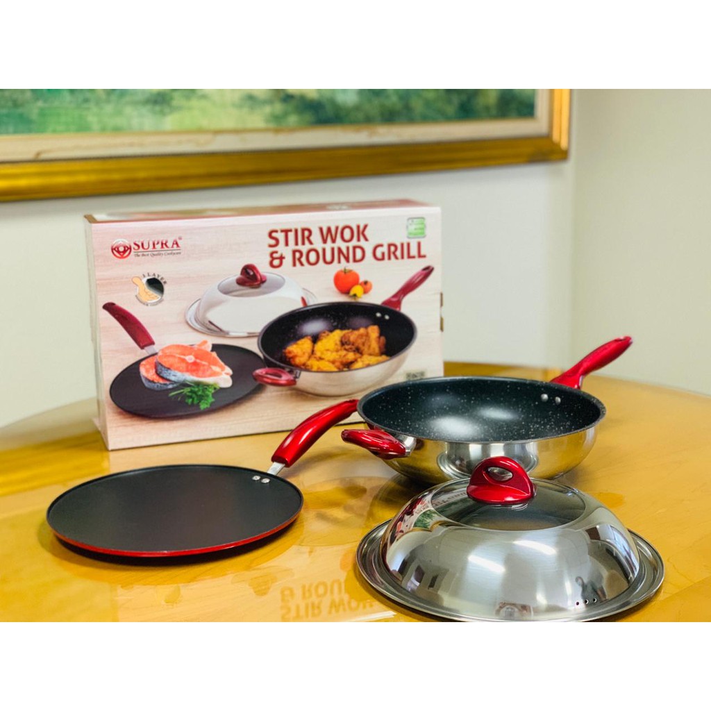 Wajan Penggorengan Set Stir Wok 30cm + Tutup &amp; Supra Round grill 30 cm