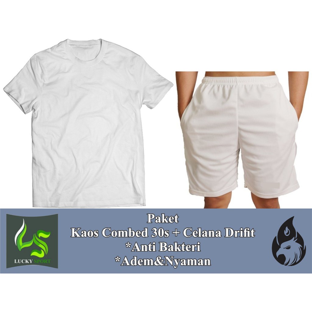 Paket Celana pendek putih Dan kaos Oblong Polos Putih Murah