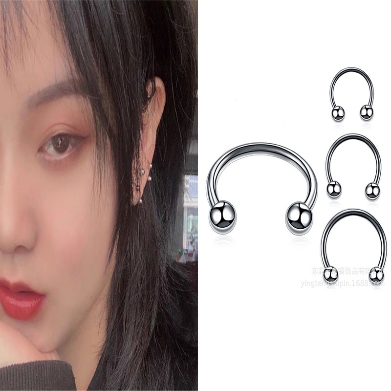 1PCS Korea Fashion Keren Berlubang berbentuk U Bola Ganda Ear Stud Earrings untuk Pria dan Wanita