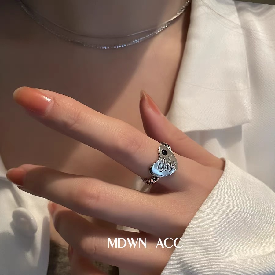 YEEZII Set Cincin Rantai Hati Model Terbuka Dapat Disesuaikan Warna Silver Gaya Retro Untuk Wanita