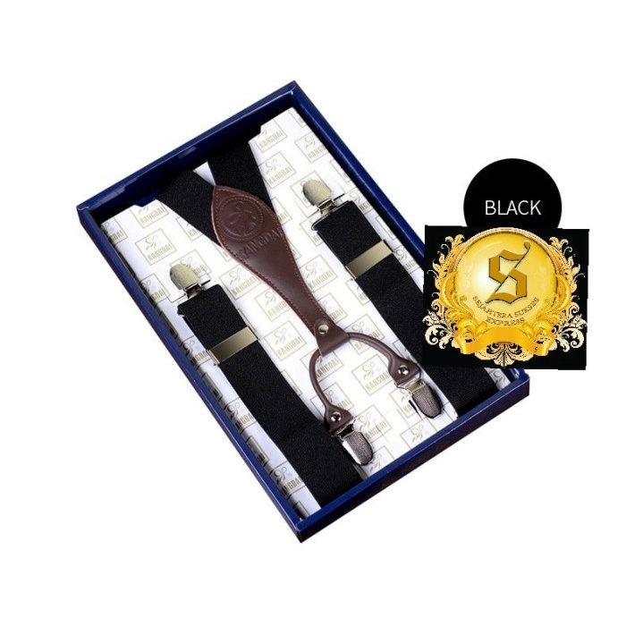 Suspender Pria - Suspender Bretel Hitam Black Kulit Letter X Import Japit 4 Logam - Chaniavara