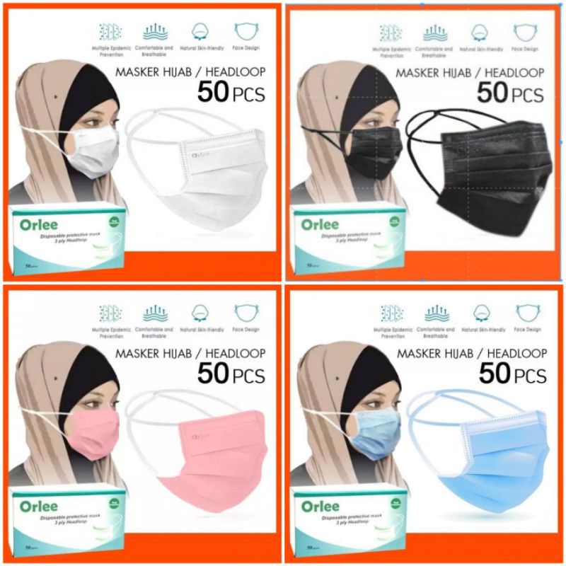 Masker 3 Ply Orlee Hijab/headloop isi 50 pcs/box