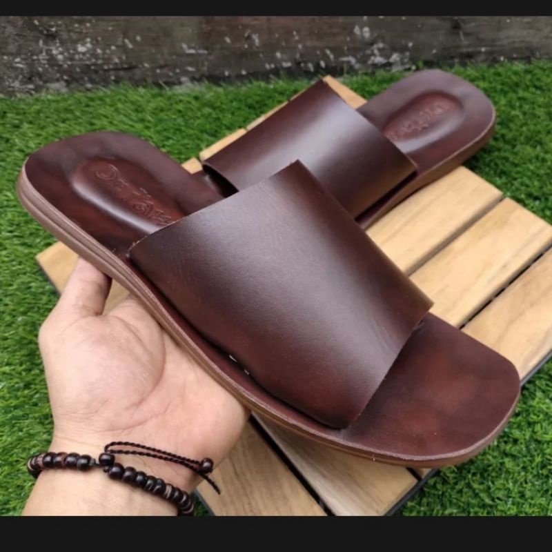 QNAR SANDAL SELOP PRIA KULIT ASLI SAMPAI ALASNYA SOL KARET TPR ANTI SLIP