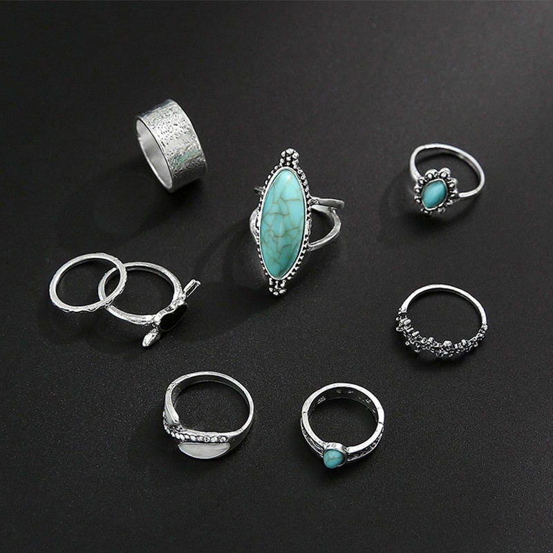 8pcs / Set Cincin Panjang Desain Totem Hati Warna Hitam Turquoise Gaya Retro Untuk Wanita