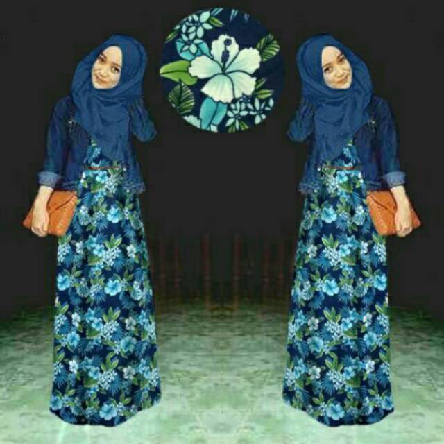 baju muslim adriana set maxi dress jaket jeans baju remaja wanita kekinian adrean set agrabutik