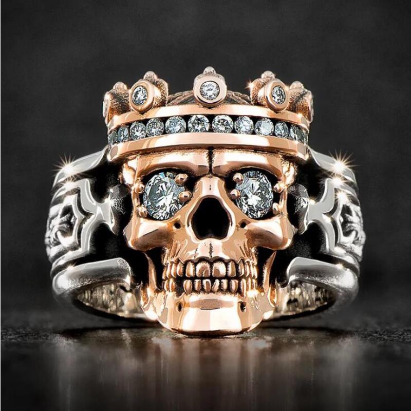 Vintage Rose Gold Crown Skull Cocktail Rings for Men White Zircon Punk Ring Biker Jewelry