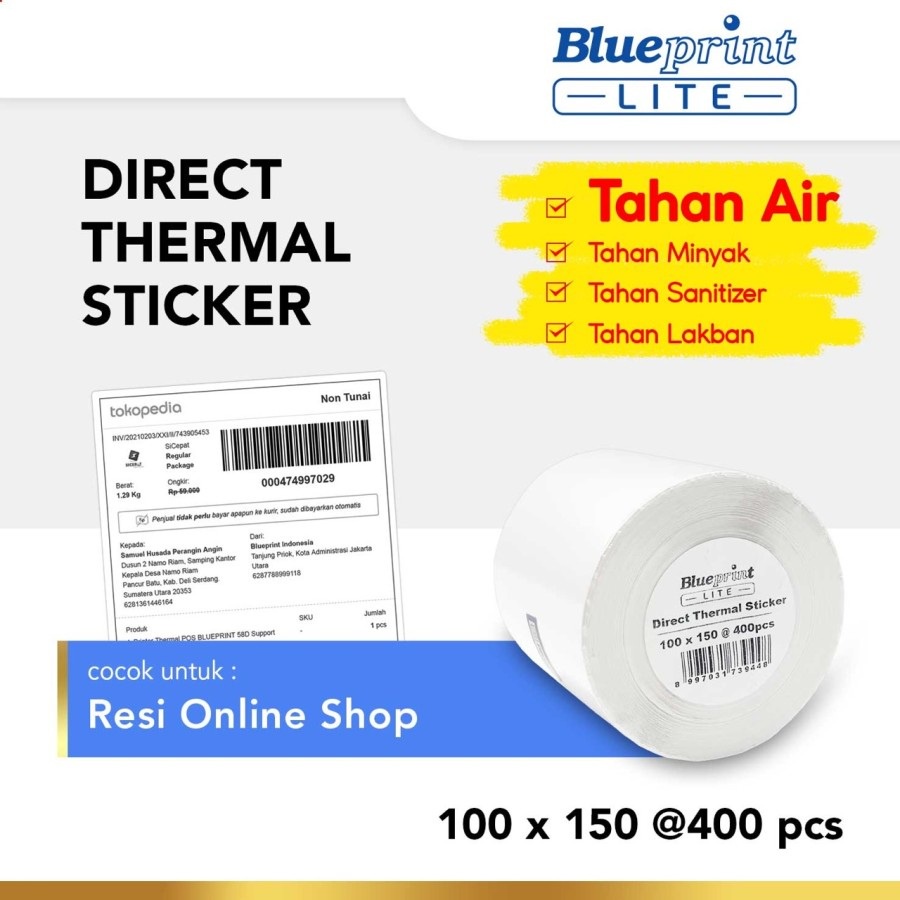 

Kertas Thermal Sticker Label Roll Blueprint LITE 100x150 mm Isi 400 Pieces