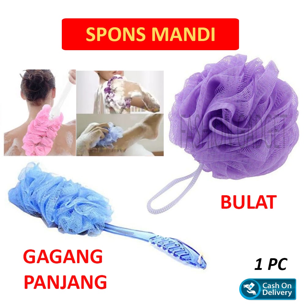 Spon Mandi BULAT / GAGANG PANJANG Karet Busa Spons Mandi Bath Sponge Shower Puff Busa Mandi Alat Gosok Badan Sabun Mandi - Warna Acak