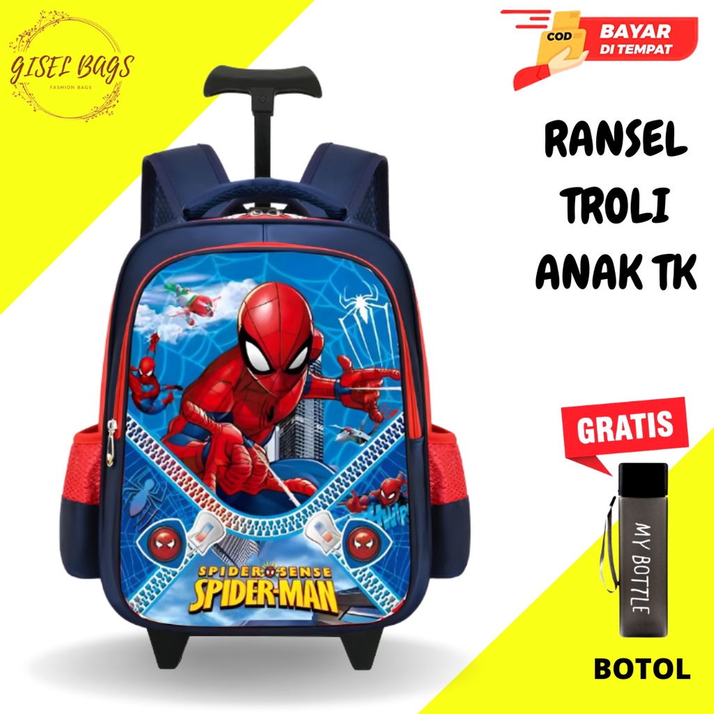 GB-Tas ransel troli laki laki anak TK tas ransel troli karakter superhero timbul tas ransel troli import