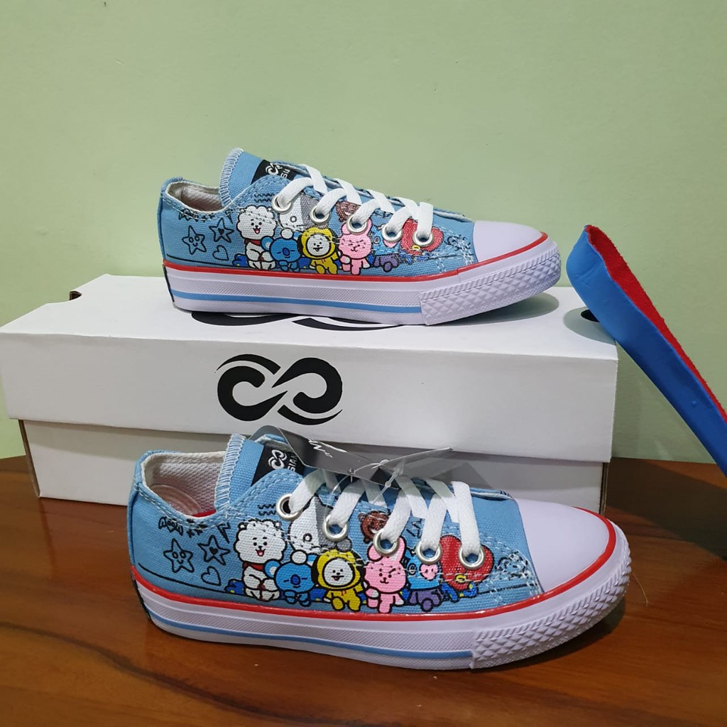 SEPATU ANAK PEREMPUAN SNEAKERS KARAKTER BTS USIA 4,5,6,7,8,9,10 TAHUN SEPATU ANAK SEKOLAH BT21-BIRU