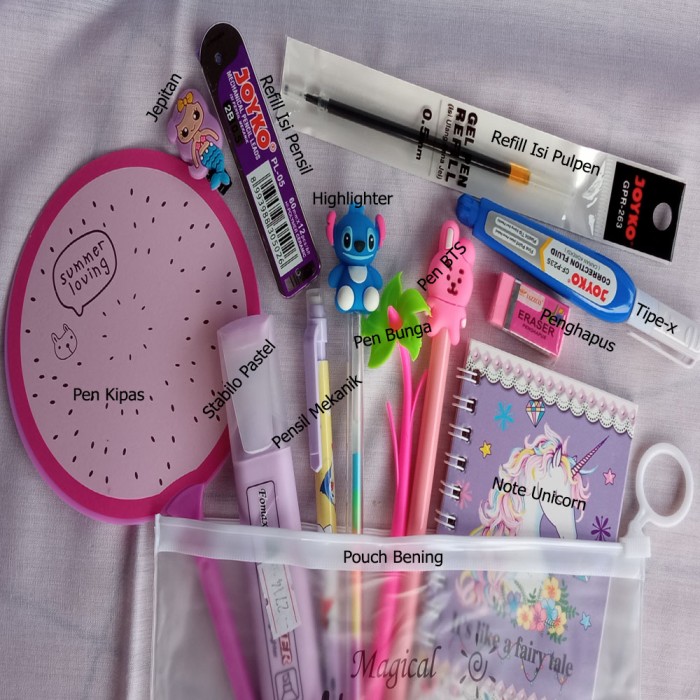 

Paket Alat Tulis Anak Sekolah Lengkap Stationary Kantor Pulpen Gel Karakter Pena BTS Pouch Bening