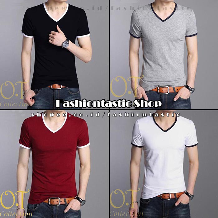 KAOS pria V NECK LIST VABULO kaos polos lengan pendek baju T SHIRT slimfit warna putih hitam marun