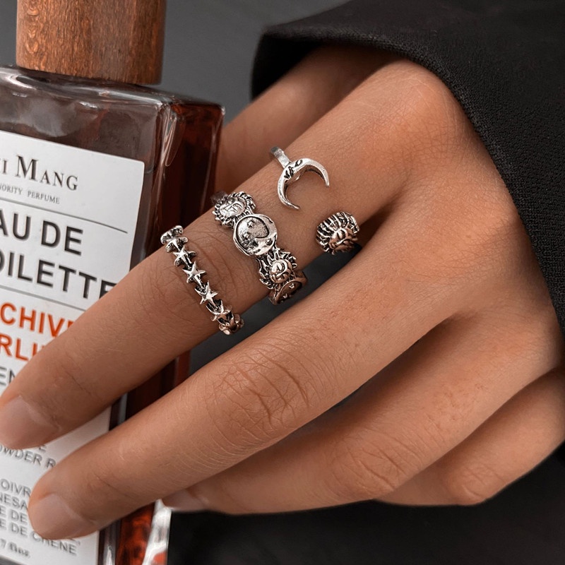 3pcs/lot Vintage Silver Color Sun Moon Star Rings Set for Women Men Ethnic Finger Open Ring Trend Female Ring Jewelry Gift