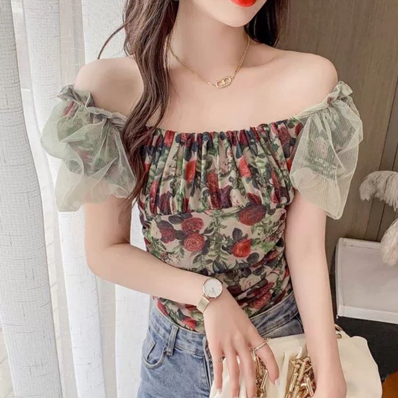 MDLV ~ 5592# Fidelia Ruched Tulle Top Atasan Blouse Korea Import