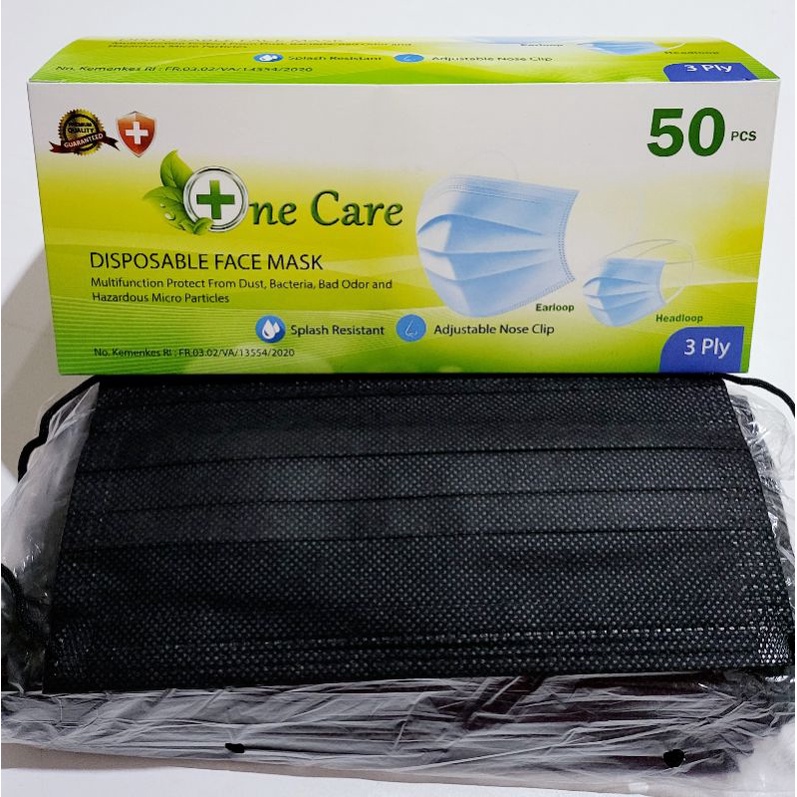 MASKER ONE CARE EARLOOP HITAM 3PLY ISI 50PCS FULL BLACK ORIGINAL