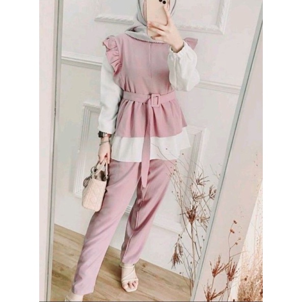 ONE SET JUMBO XXL - STANDART L / XL - ONE SET NIKEN SET / SETELAN WANITA ONE SET DAILY SET TUNIK  FASHION WANITA-MALIKA DUSTY