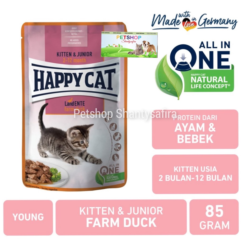 HAPPY CAT POUCH SOUCE YOUNG KITTEN &amp; JUNIOR  FARM DUCK 85 GR MAKANAN KUCING ANAK BASAH