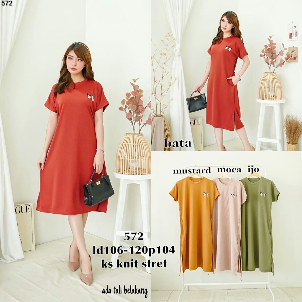 Casual Dress Ks Knit Stretch 572 Kerah Bulat Lengan Pendek - Midi Dres Wanita Bordir