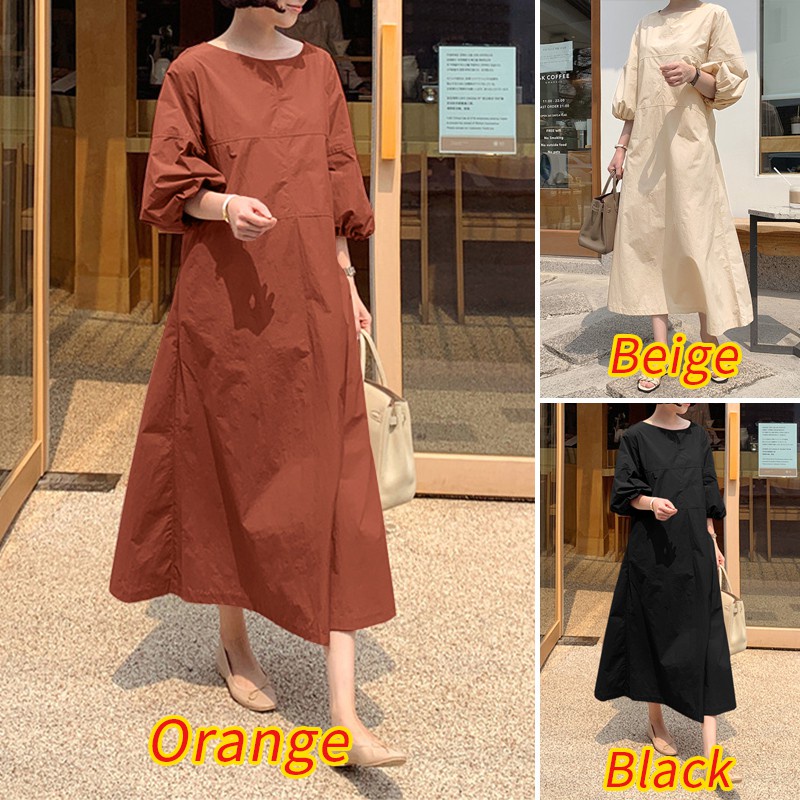 ZANZEA Women Casual 3/4 Lantern Sleeve Solid Color Elastic Cuff Maxi Dress