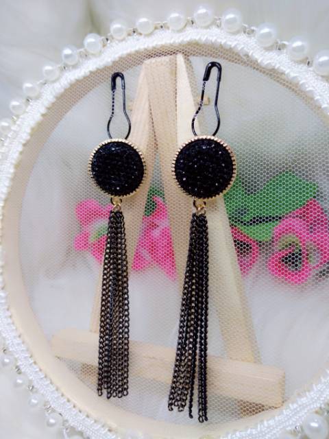 A56 Anting hijab juntai gold diamond full hitam