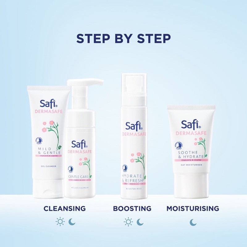 Safi Dermasafe Series (Gel Cleanser, Mousse Cleanser, Day Night Moist, Booster Mist) 3 Essential Kit