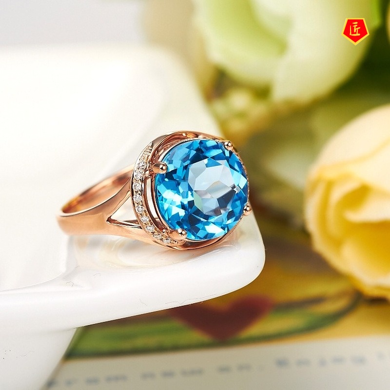 [Ready Stock]Elegant 18K Rose Gold Blue Topaz Ring