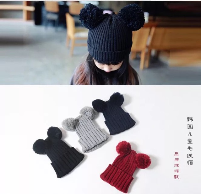 Topi kupluk mickey minnie pom pom