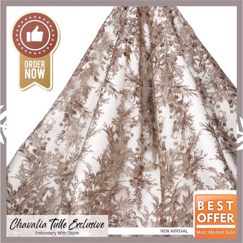 [NEW ARRIVAL] CHAVALIA TULLE EXCLUSIVE EMBRODERY WITH STONE NEW DESIGN TILE MOTIF BORDIR DENGAN PAYET TERBARU TULLE WEDDING DRESS KEBAYA BALL GOWN PER 0.5M BY MACMOHAN