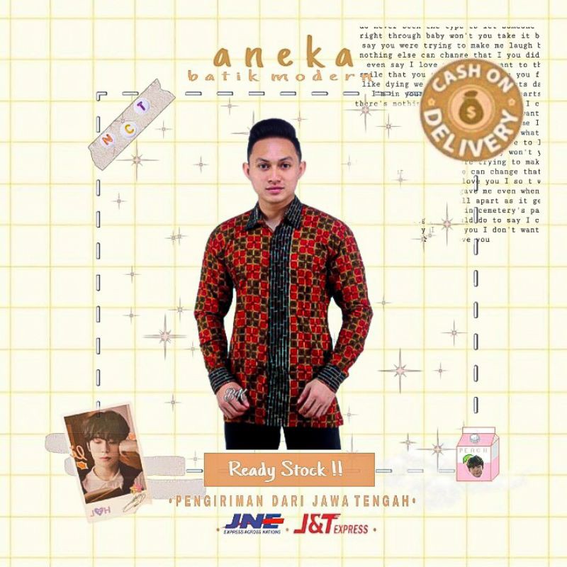 KEMEJA HEM BATIK PRIA COWOK MOTIF WARNA KOMBINASI MERAH ORANGE KUNING HITAM LENGAN PANJANG M L XL