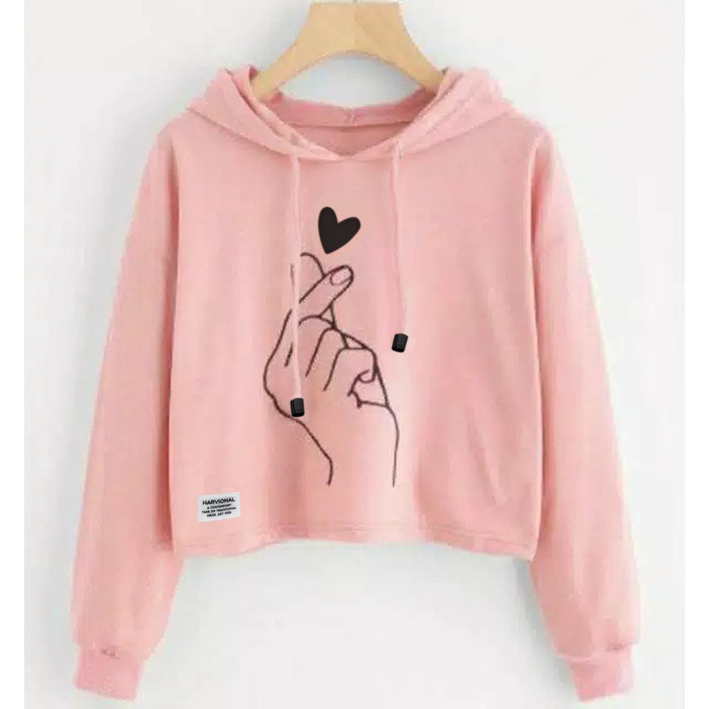 SWEATER CROP HOODIE LOVEHAND BAHAN FRENCHTERRY TERLARIS