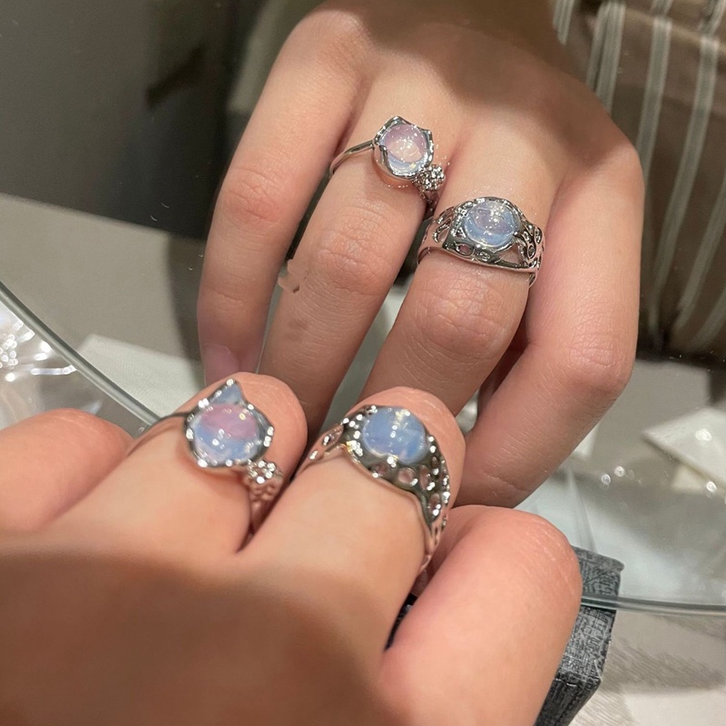 Cincin Kristal Opal Putih Model Terbuka Dapat Disesuaikan Bahan Logam Gaya Vintage Untuk Wanita