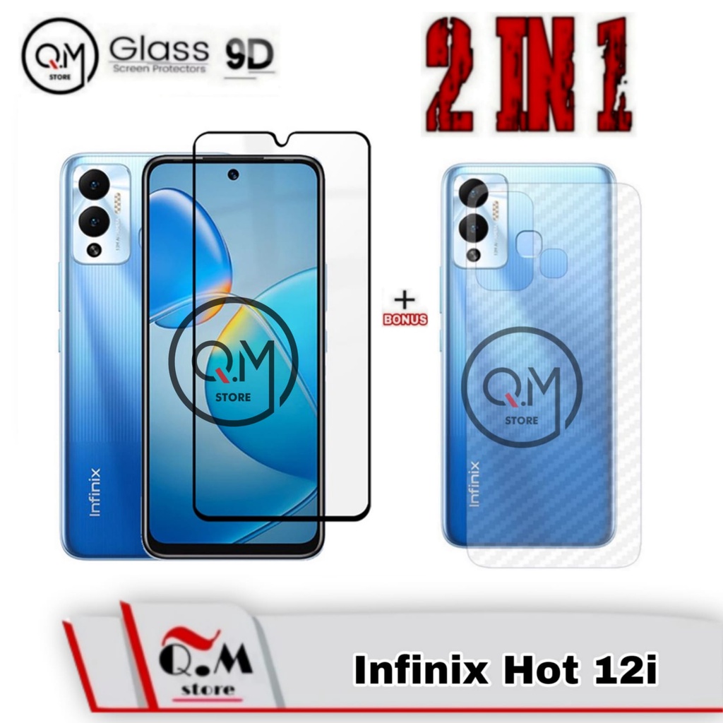 Paket 2 in1 Tempered Glass Layar Infinix Hot 12i Anti Gores Screen Guard Pelindung Back Layar Bonus Garskin Carbon