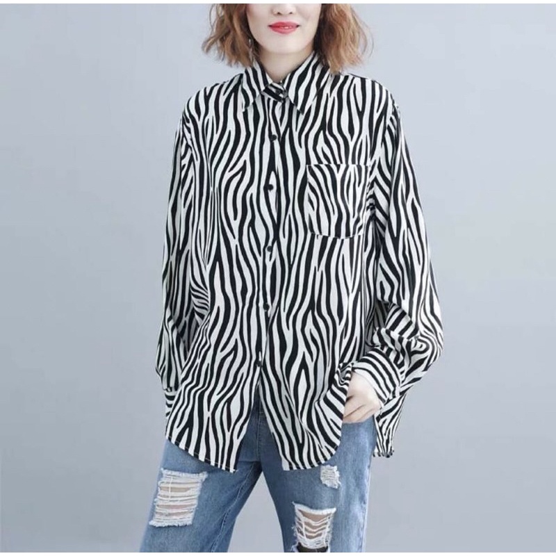 kemeja longtop zebra / kemeja oversize lengan panjang motif animal zebra